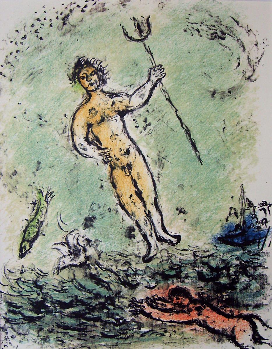 Lithographie Poséidon en couleurs contemporaine Marc Chagall Peintures à l'huile